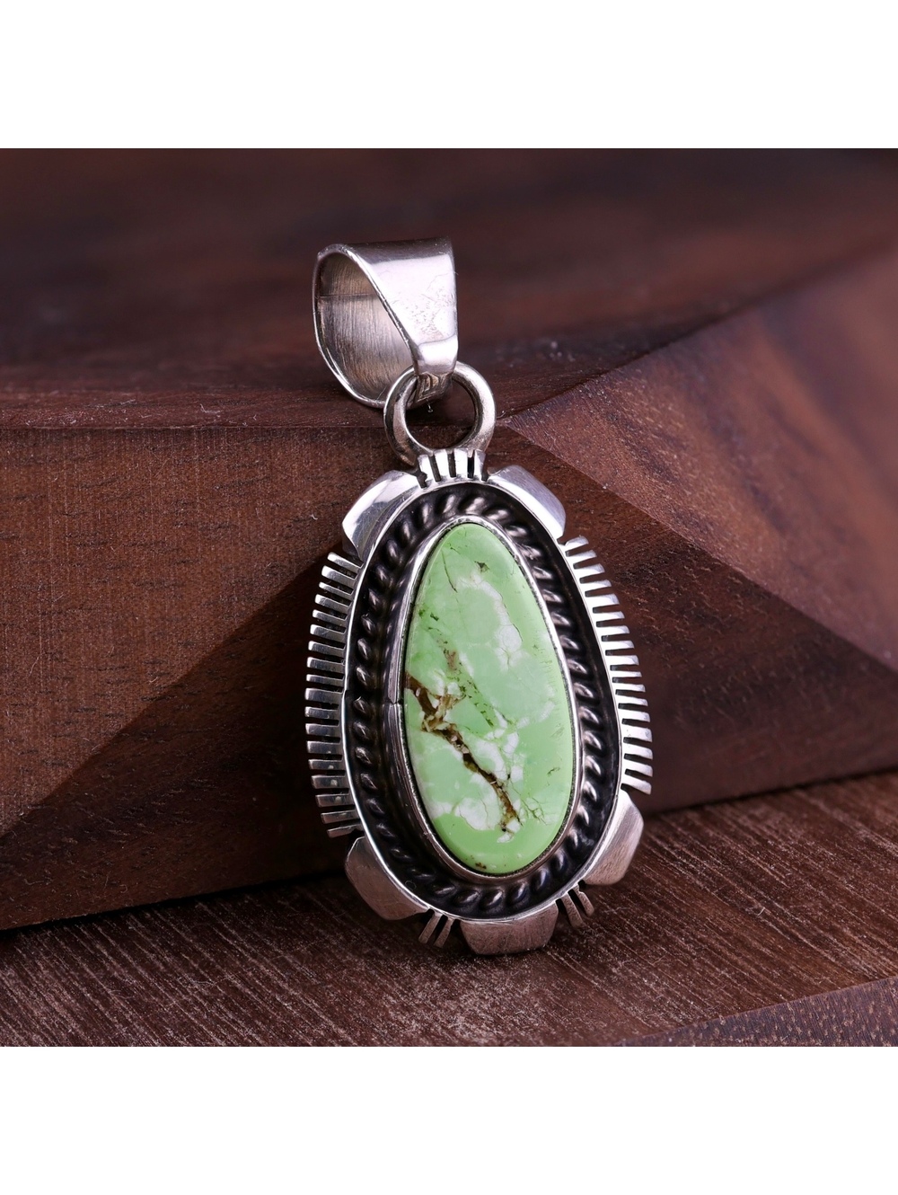 Vintage Navajo Larry Moses Yazzie LMY Sterling Silver Green Gaspeite Pendant